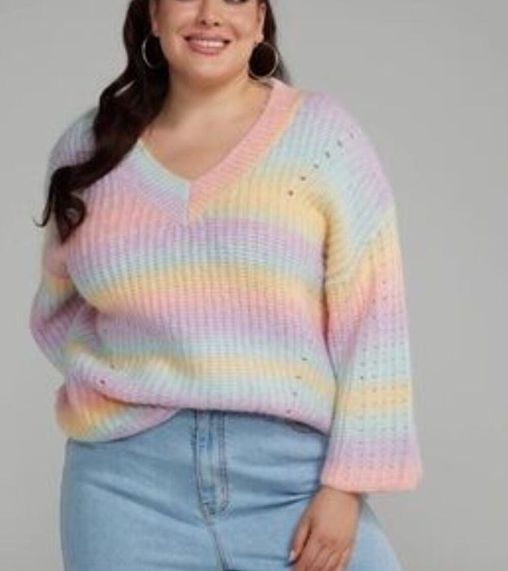 Fashion to Figure V-Neck Pastel Rainbow Sweater Size 2X